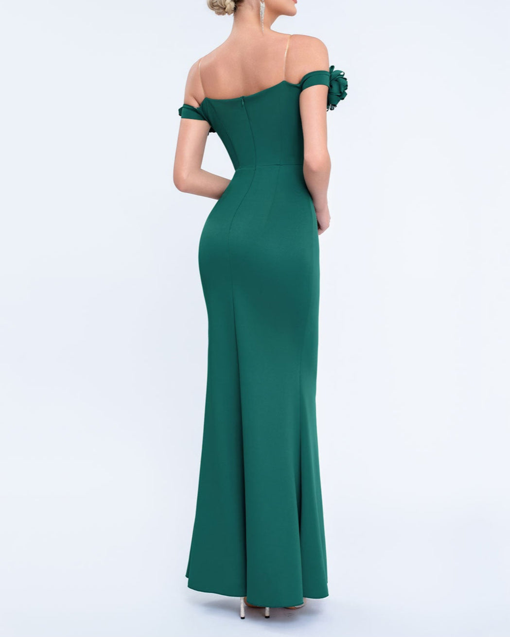 فستان عمودي مكشوف الكتفين بأكمام مزهرة وشق أمامي – أماراكسيا