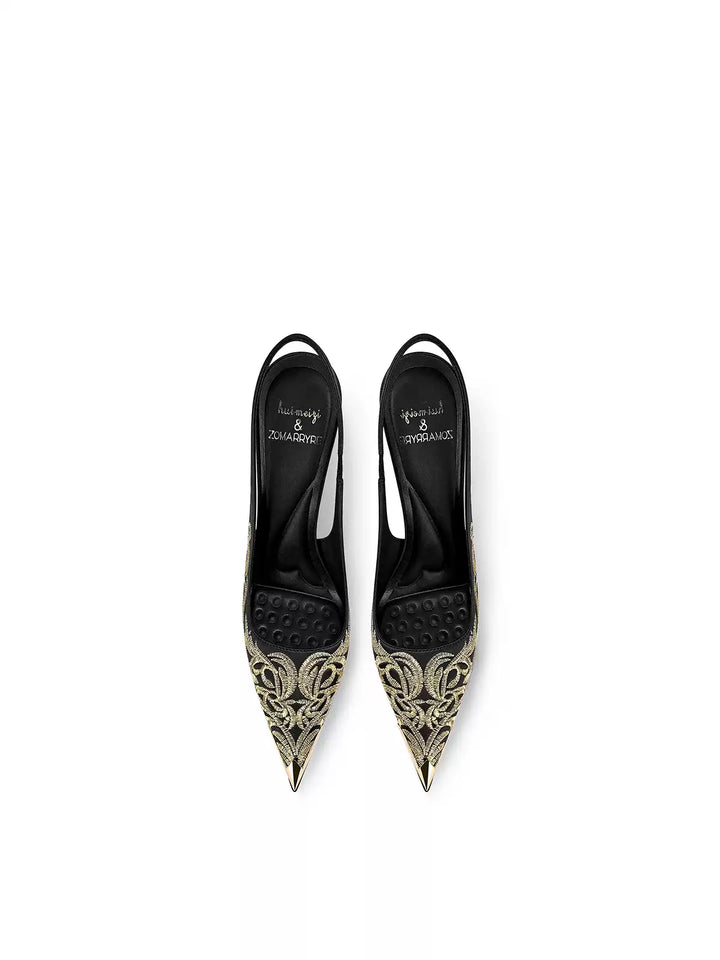 Embroidered Pointed-Toe Slingback Heels – AURELIA