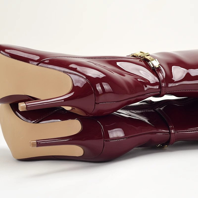 patent leather knee-high boots with gold buckle – VERA