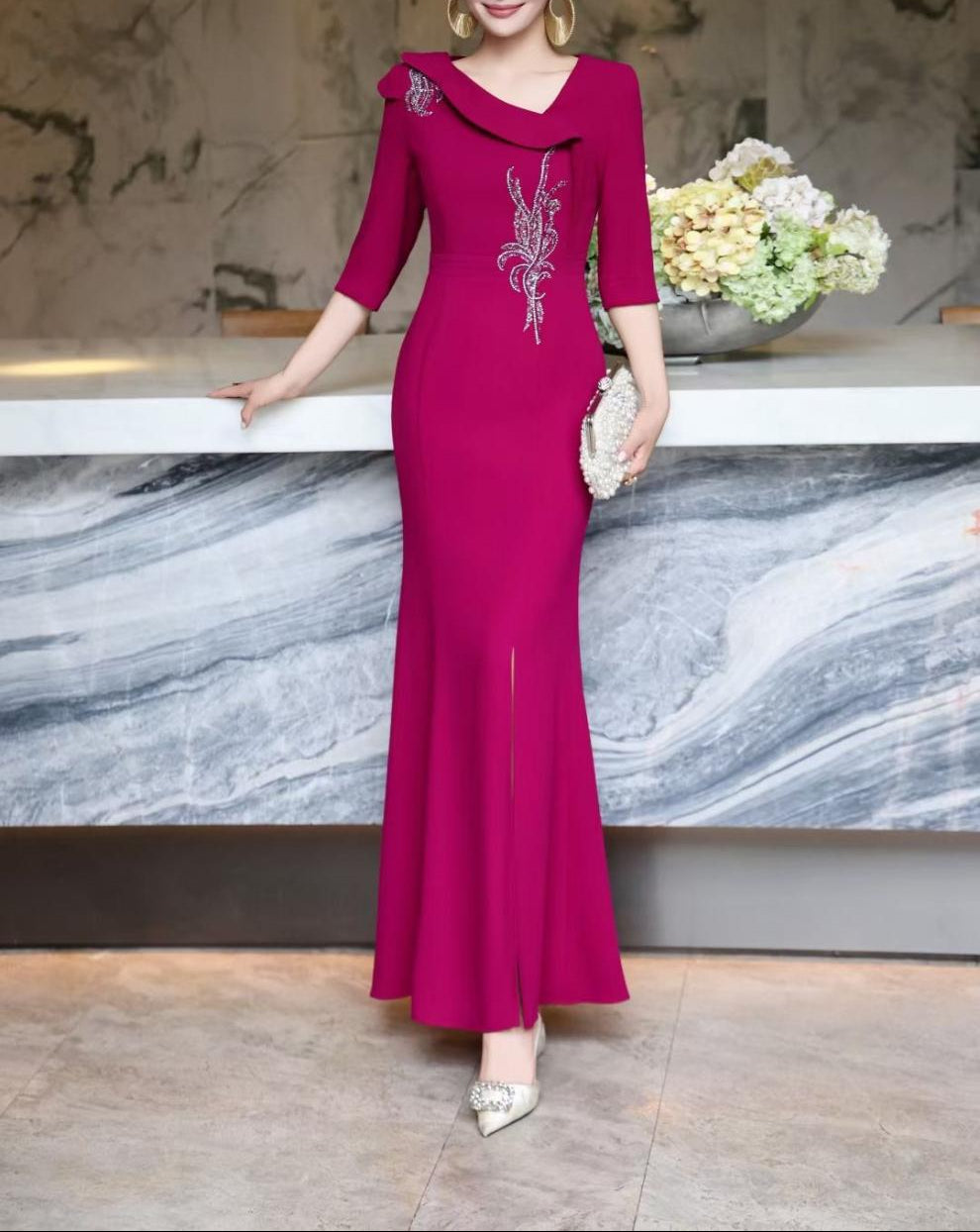 embellished draped-collar mermaid dress – ROYAL FUCHSIA