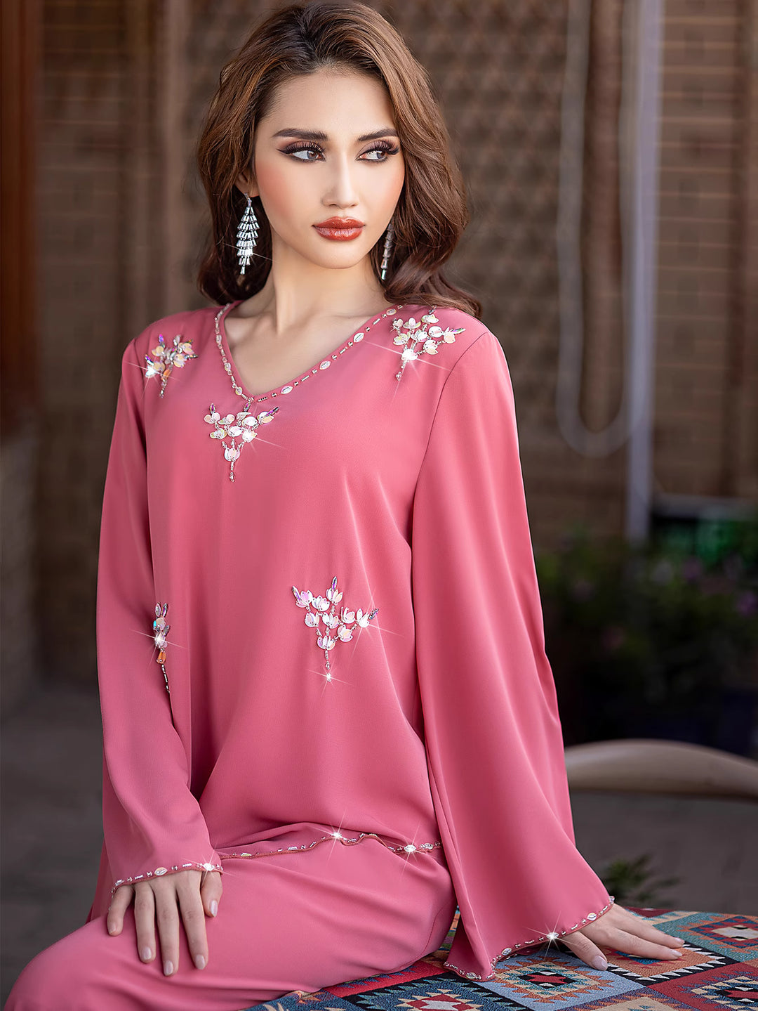 flared sleeve column dress with crystal floral embroidery - ZAYNA