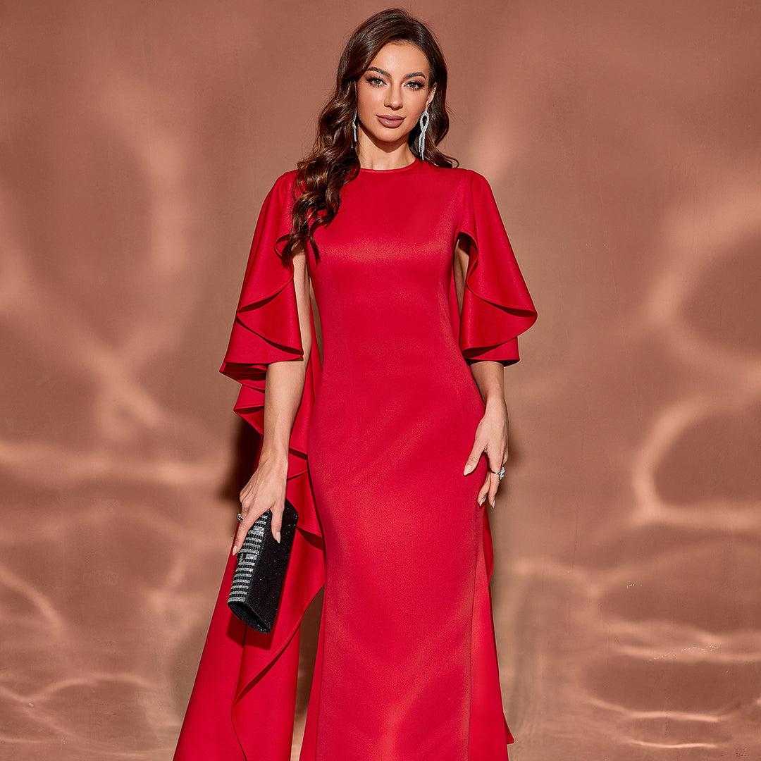 ruffled sleeve gown with flowing side cape – AURELIXA