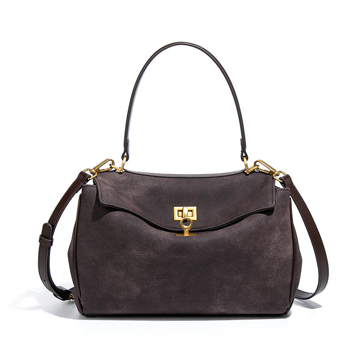 Slate Suede Shoulder Bag with Gold Lock – VÉRONA