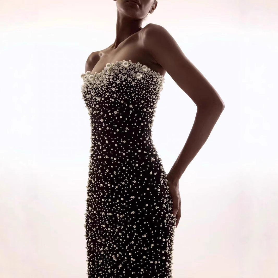 strapless column gown with pearl and crystal embellishments – AUROQSU-1