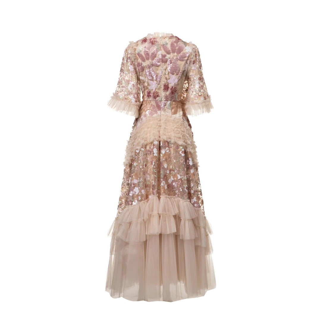 sequin-embroidered tulle gown with layered ruffle skirt – LUMIARA