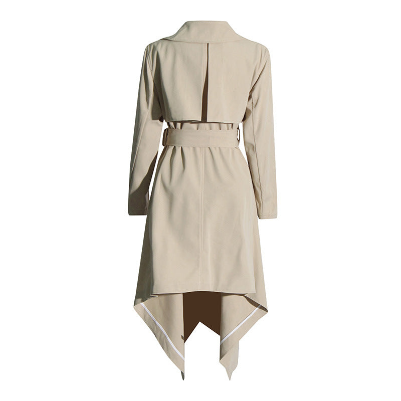 asymmetric belted trench coat with draped hem – AVERY