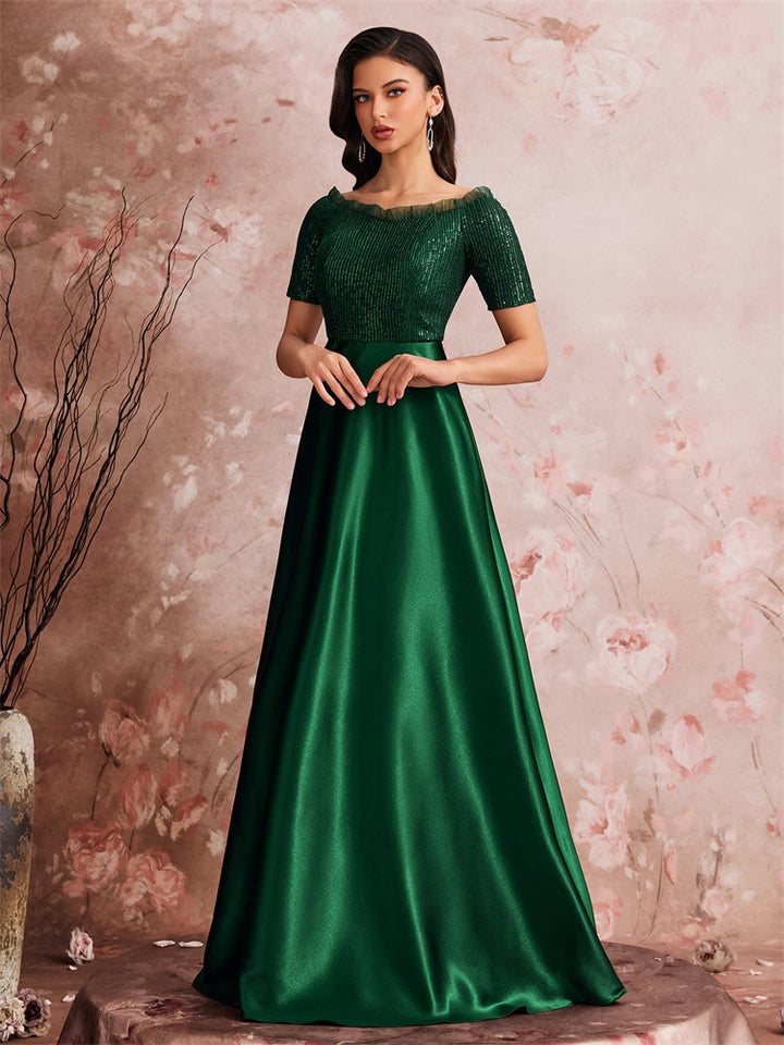 off-shoulder satin gown with sequin bodice – GRACE