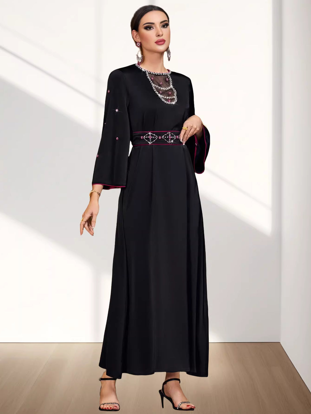 Embroidered Waist Maxi Dress with Sheer Neck Detail – ELYSIA