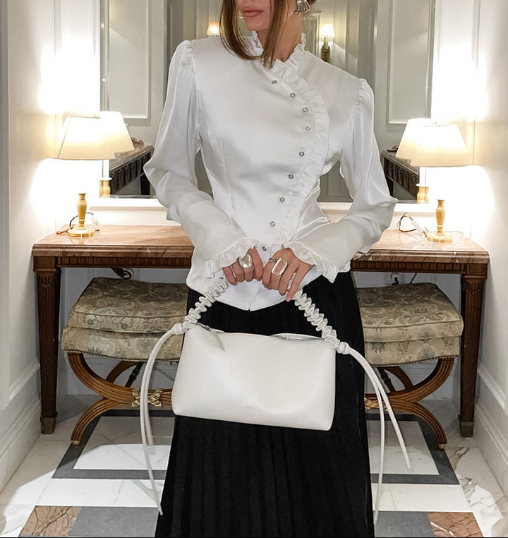 asymmetrical ruffle-front satin blouse – REGALIA