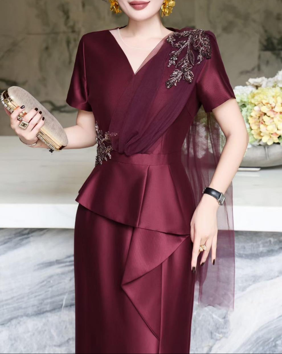 v-neck satin gown with embellished floral drape – NAVIA