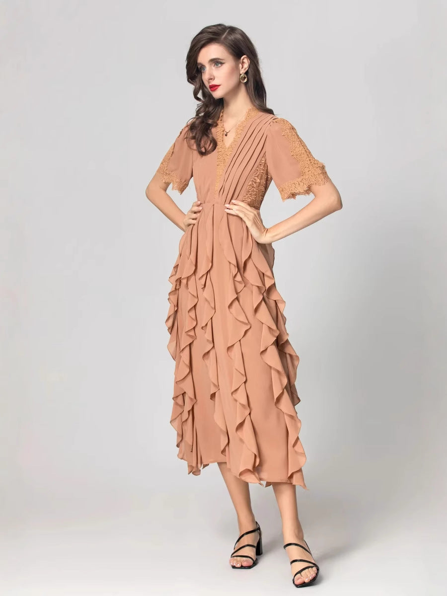 pleated lace midi dress with cascading ruffles – SIENNA