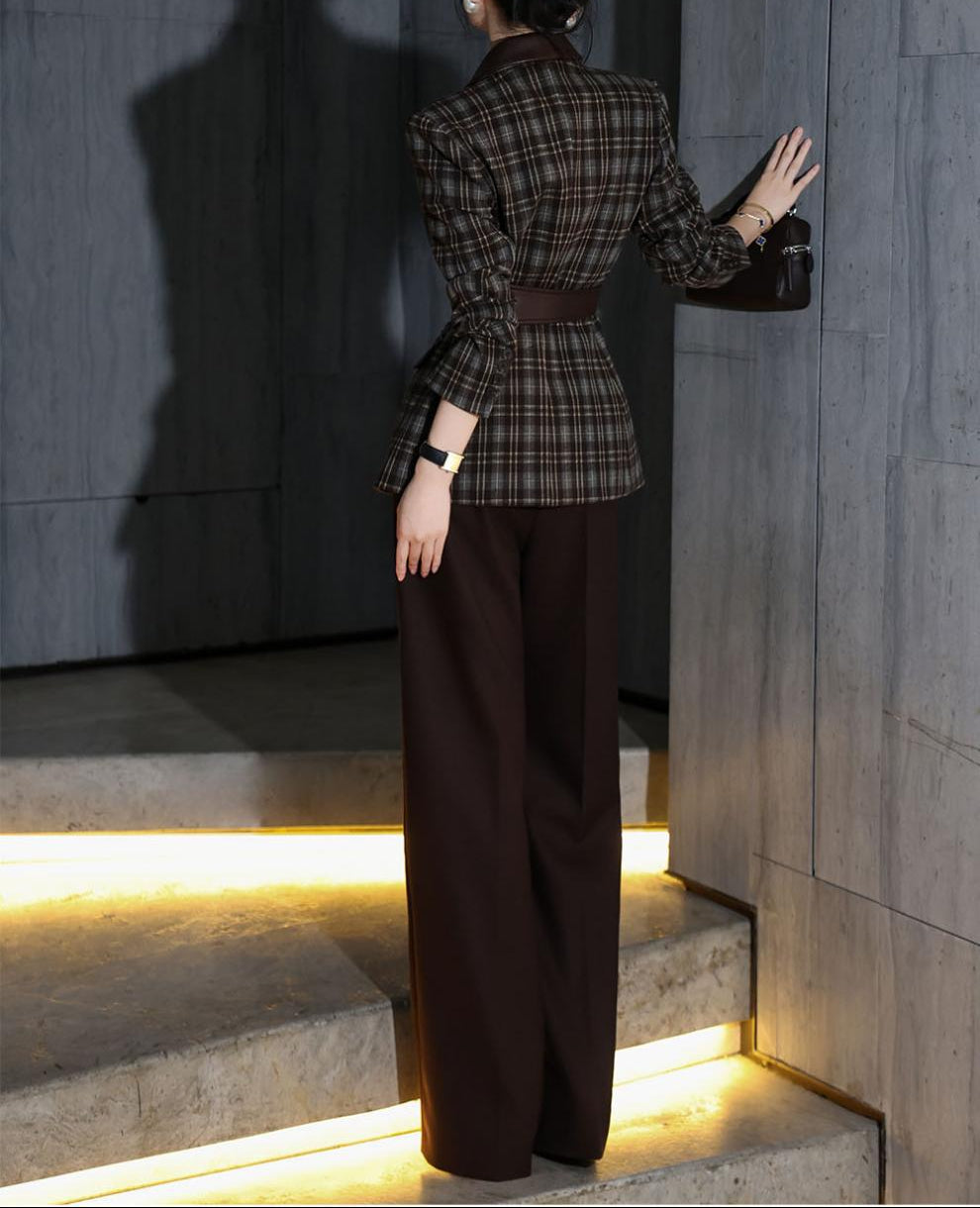 plaid tailored blazer with leather belt & wide-leg trousers – MARCELLA