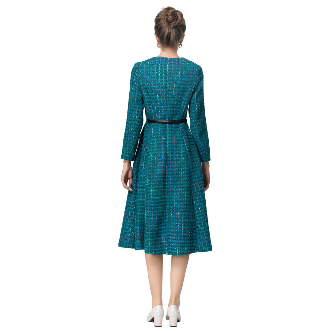 long-sleeve tweed midi dress with contrast trim – MARISEL