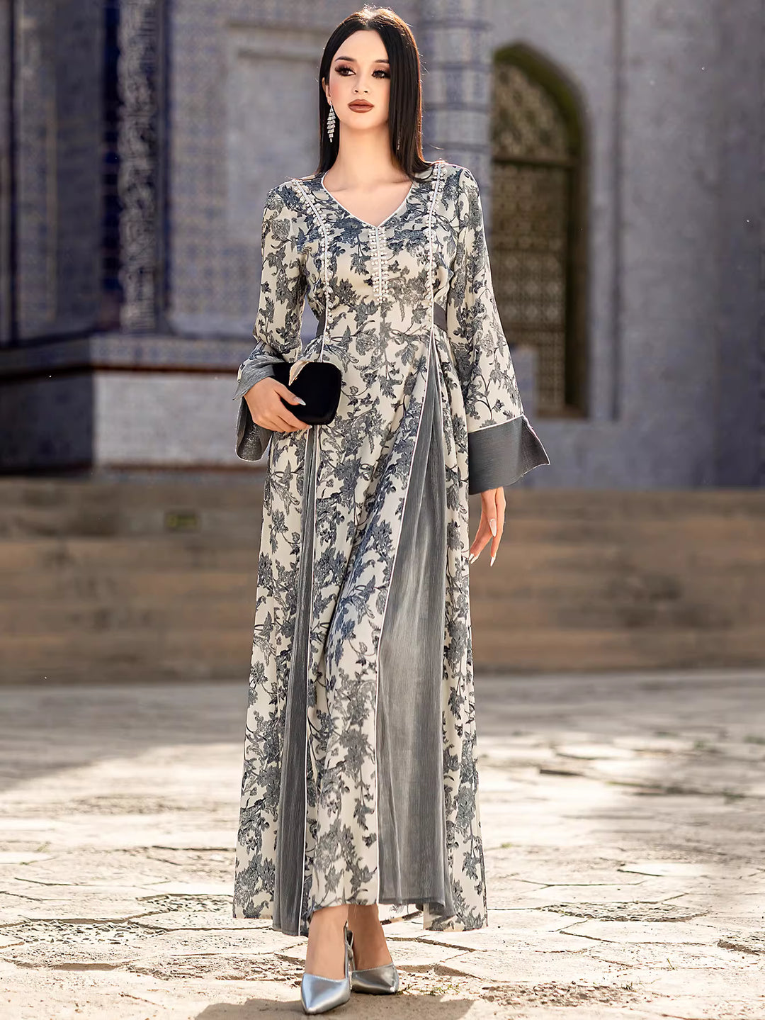 Printed Maxi Dress with Flared Sleeves and V-Neck – AURELLE