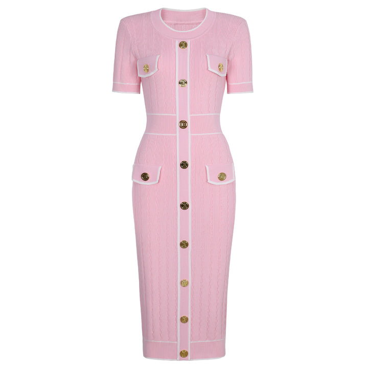 short-sleeve knit dress with contrast trim and gold buttons – CELINAMI