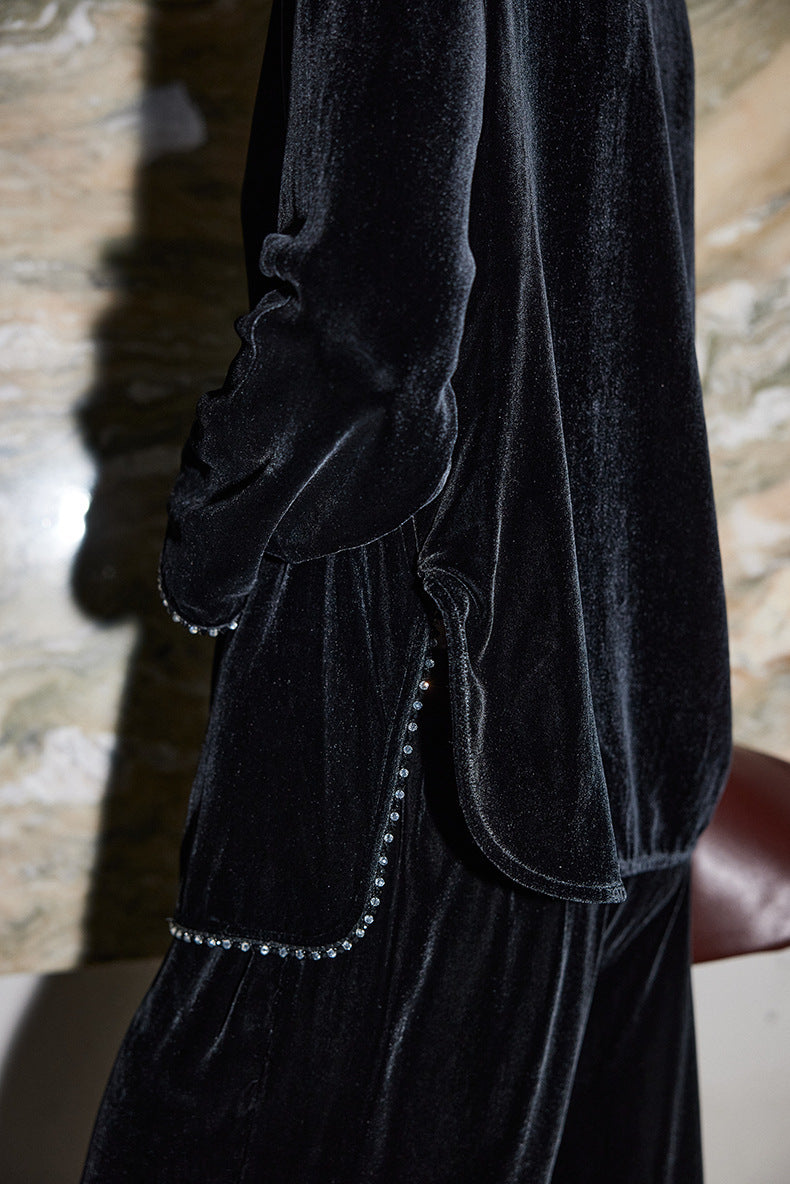 asymmetric velvet blouse with beaded trim – VELORA