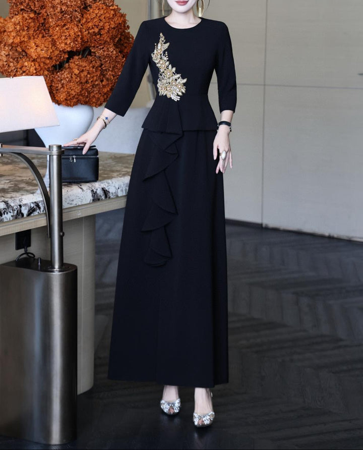 embellished peplum dress with cascading ruffle skirt – NOIR