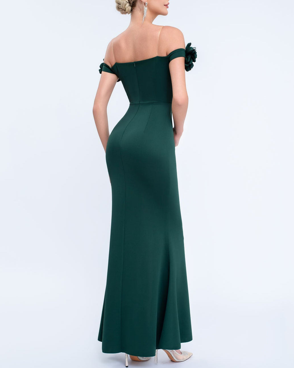 فستان عمودي مكشوف الكتفين بأكمام مزهرة وشق أمامي – أماراكسيا