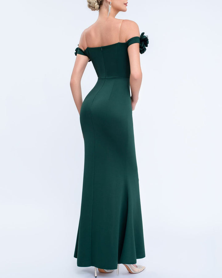 فستان عمودي مكشوف الكتفين بأكمام مزهرة وشق أمامي – أماراكسيا