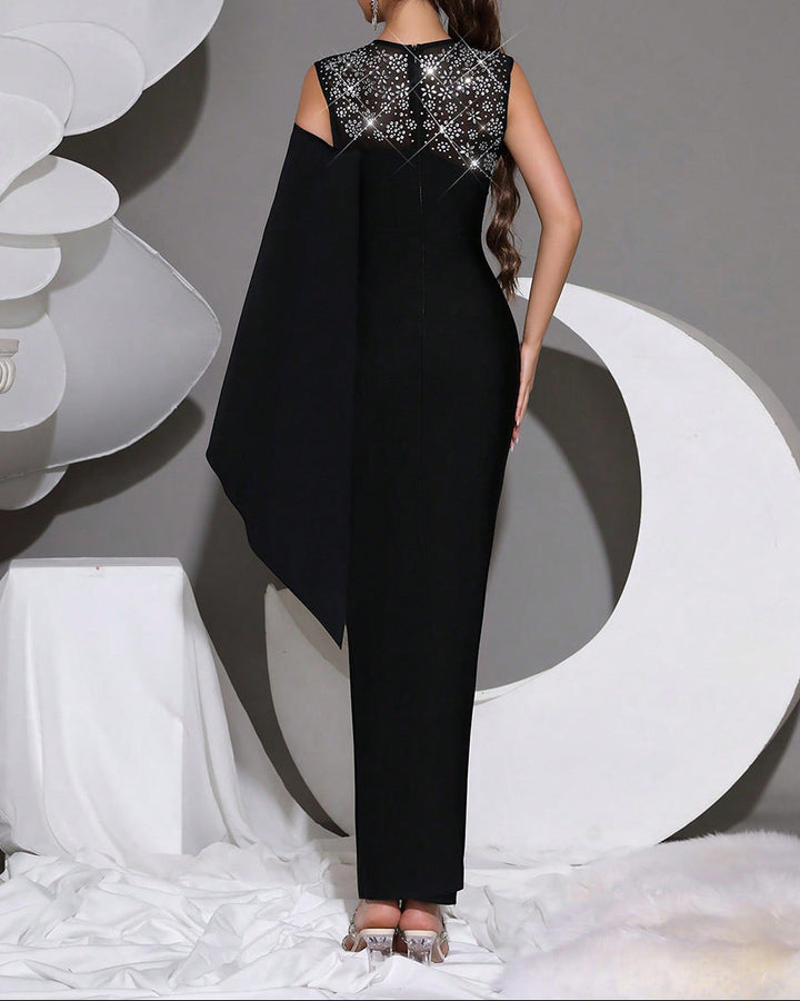 sleeveless column dress with embellished mesh and side cape – NOIR