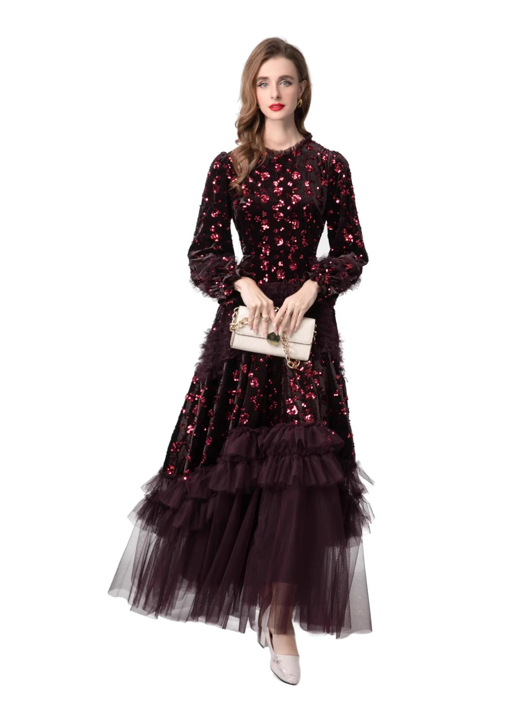 velvet sequin gown with layered tulle hem – MARCELLINA