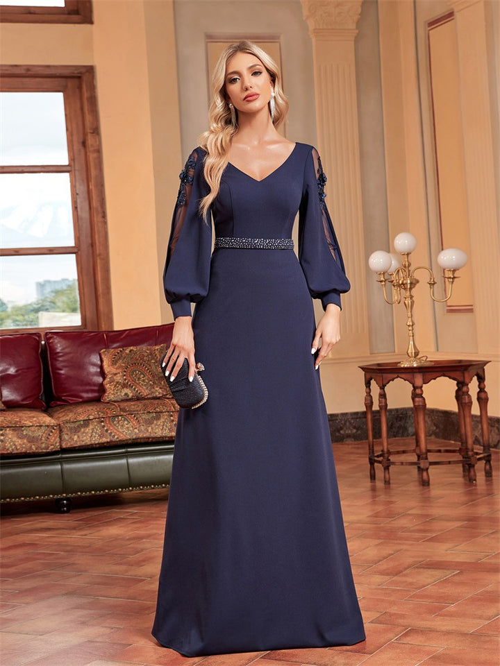 chiffon-sleeve evening gown with beaded waist – MIDNIGHT POISE