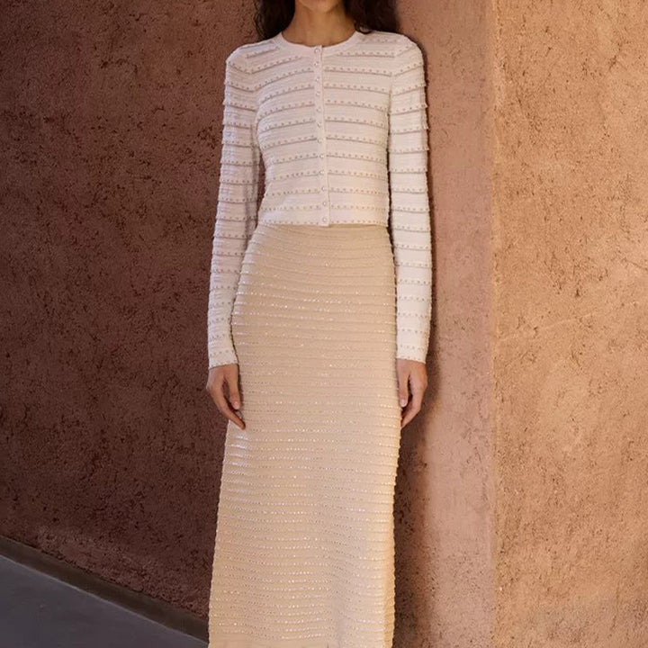 褶皱喇叭袖上衣和高腰裙套装，配腰带 – Rosiny 