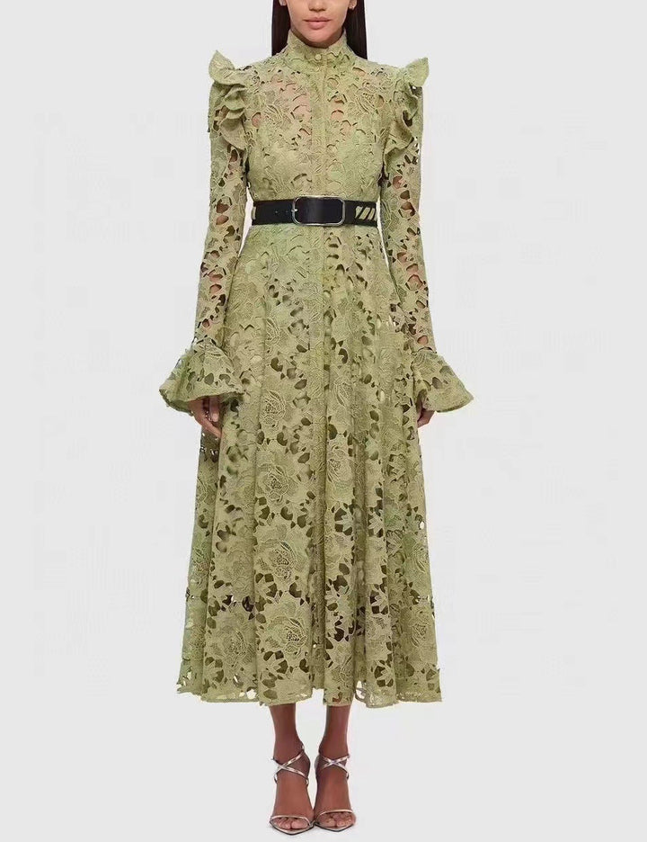 long-sleeve lace midi dress with ruffled shoulders – IVORIE