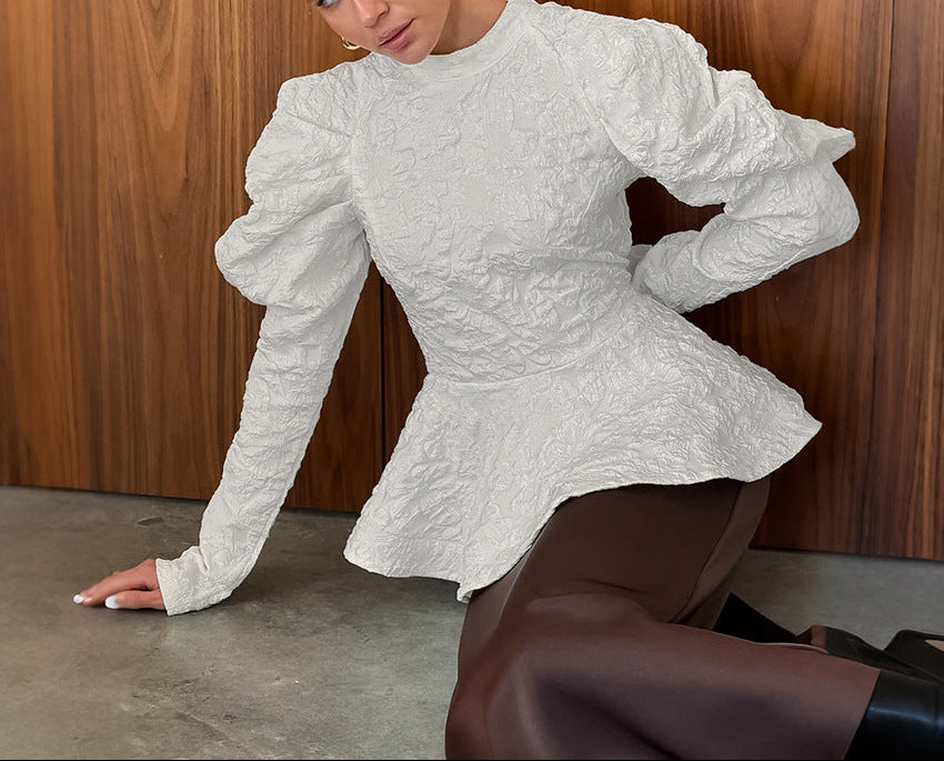 textured peplum blouse with sculpted puff sleeves – OPHELIA