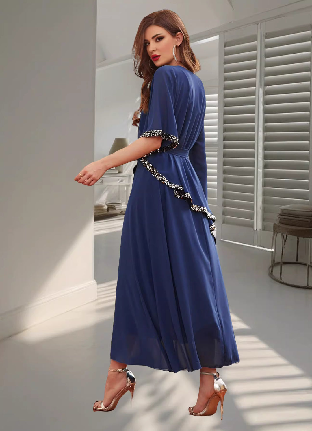 Elegant Long Sleeve Maxi Dress with Waist Tie – RAYEN