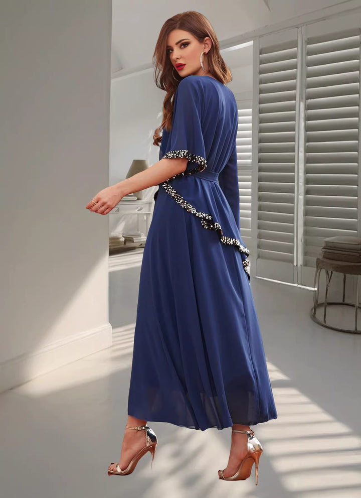 Elegant Long Sleeve Maxi Dress with Waist Tie – RAYEN