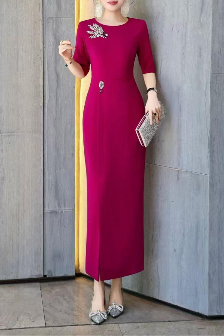 elegant column dress with crystal brooch accents – AMIRA