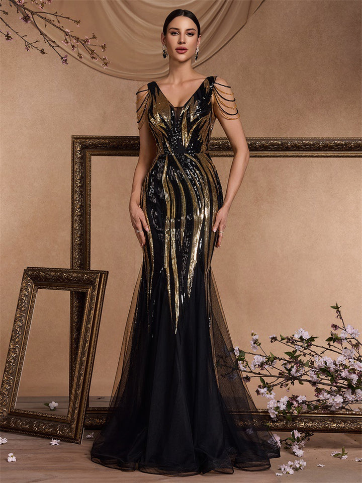 sleeveless mermaid gown with gold sequin detailing – AURONI