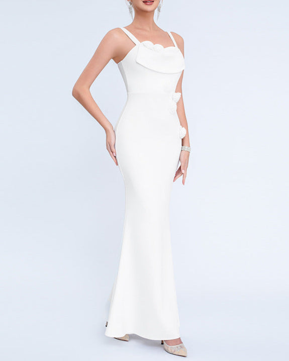 sleeveless column dress with draped neckline and floral accents – SERENABI