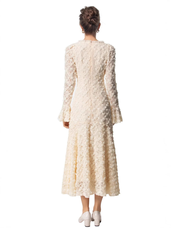 textured lace midi dress with flared sleeves – ESMÉE