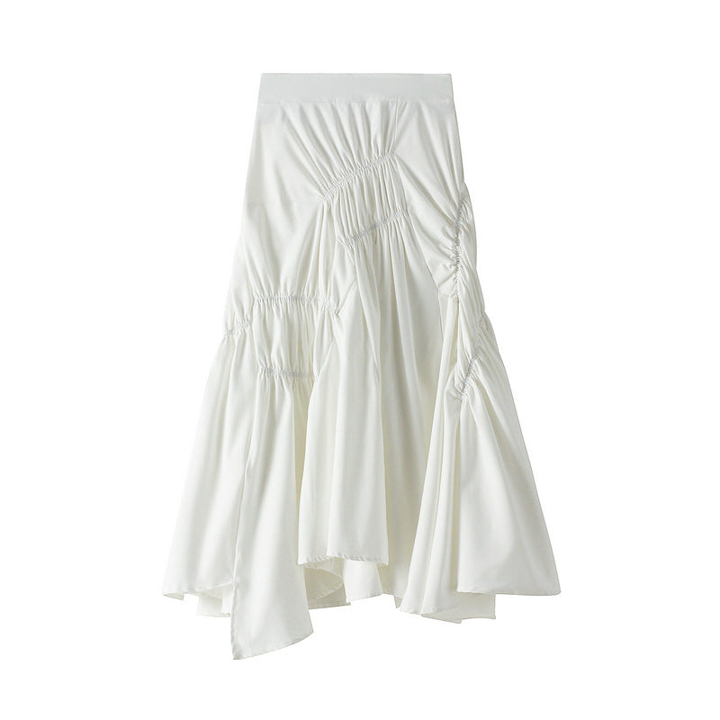 asymmetric ruched midi skirt with draped panels – SOLENE
