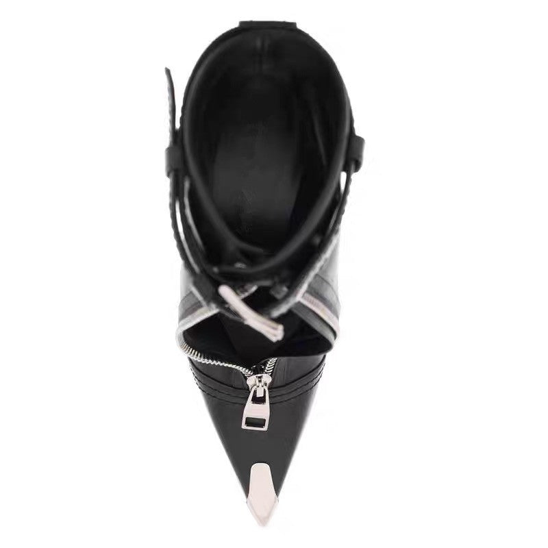 حذاء بكعب عالٍ بسحاب أمامي وطرف معدني - حافة قرمزية