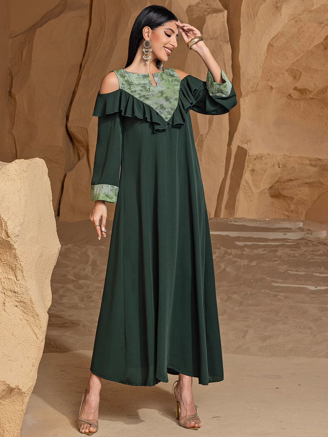 cold-shoulder maxi dress with ruffled neckline - AMAWLA