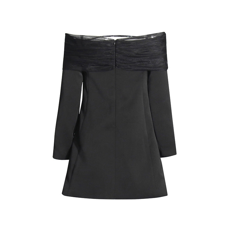 فستان بليزر قصير مكشوف الكتفين مع لفافة من التول – أورورا