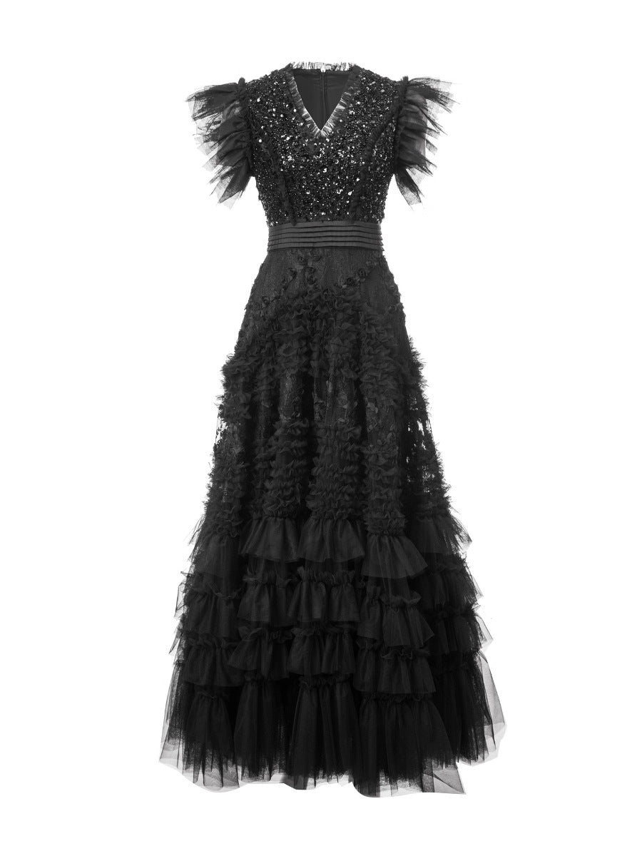 tiered tulle gown with sequin bodice and ruffled sleeves – CELESTE