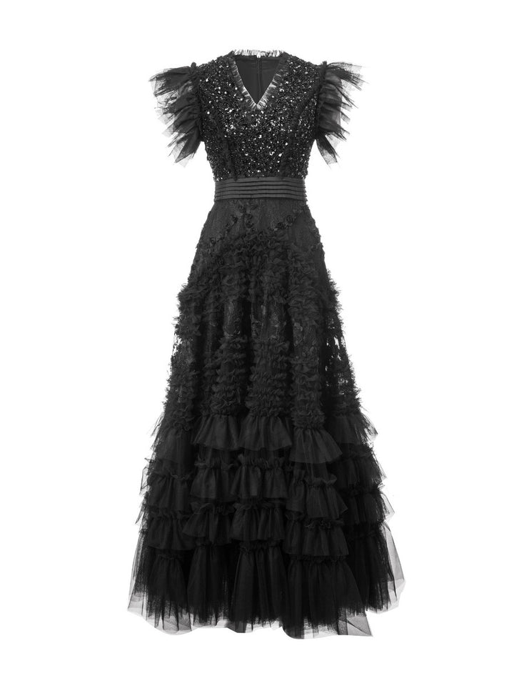 tiered tulle gown with sequin bodice and ruffled sleeves – CELESTE