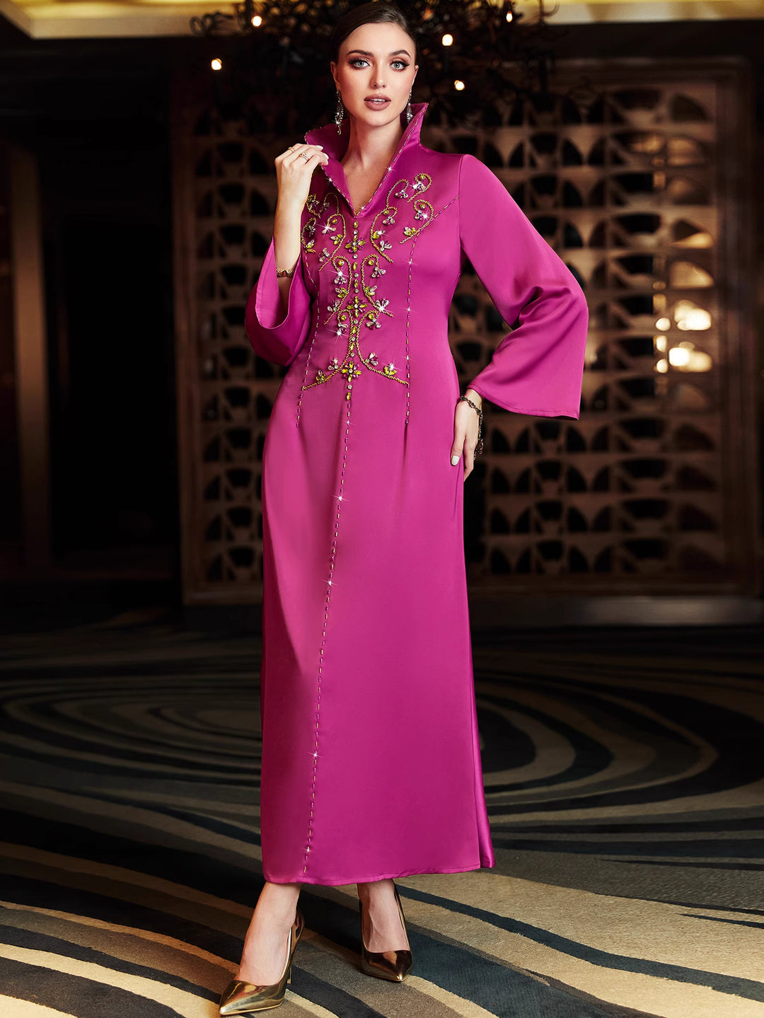 long sleeve column dress with embellished collar - FARAH