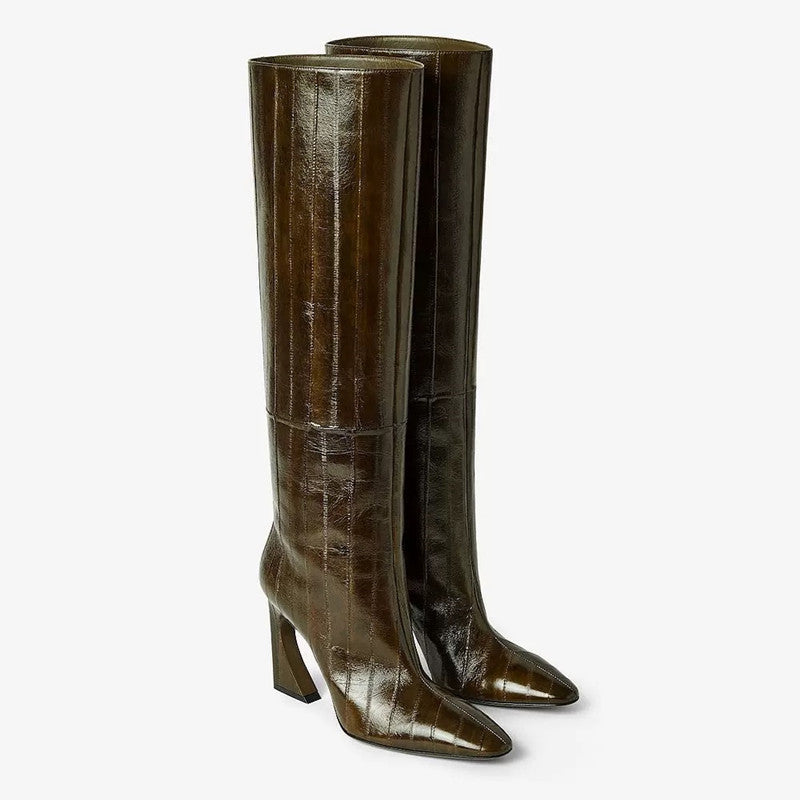 caramel knee-high leather boots with curved heel – SIENNA