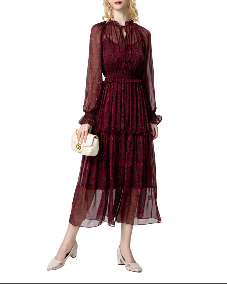 chiffon tiered midi dress with tie neckline – MAEVE