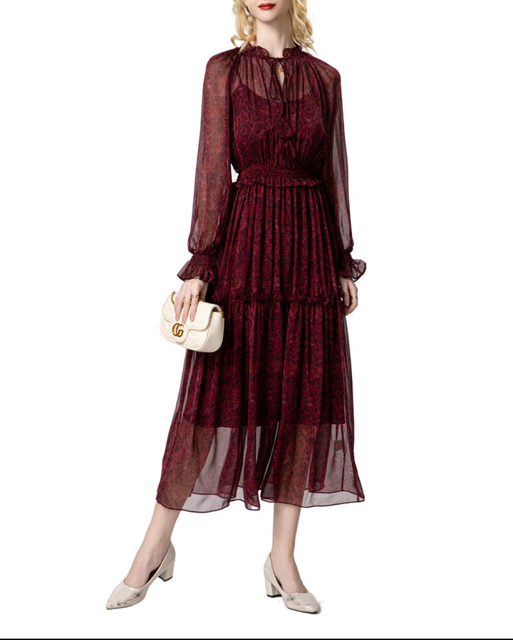 chiffon tiered midi dress with tie neckline – MAEVE