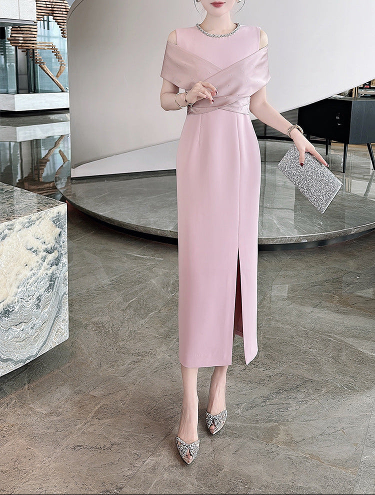 cold-shoulder column dress with satin drape – RUBINA