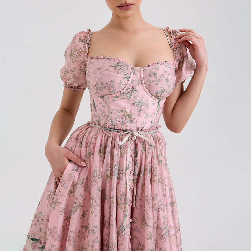 puff-sleeve corset dress with layered floral skirt – AKIALZU