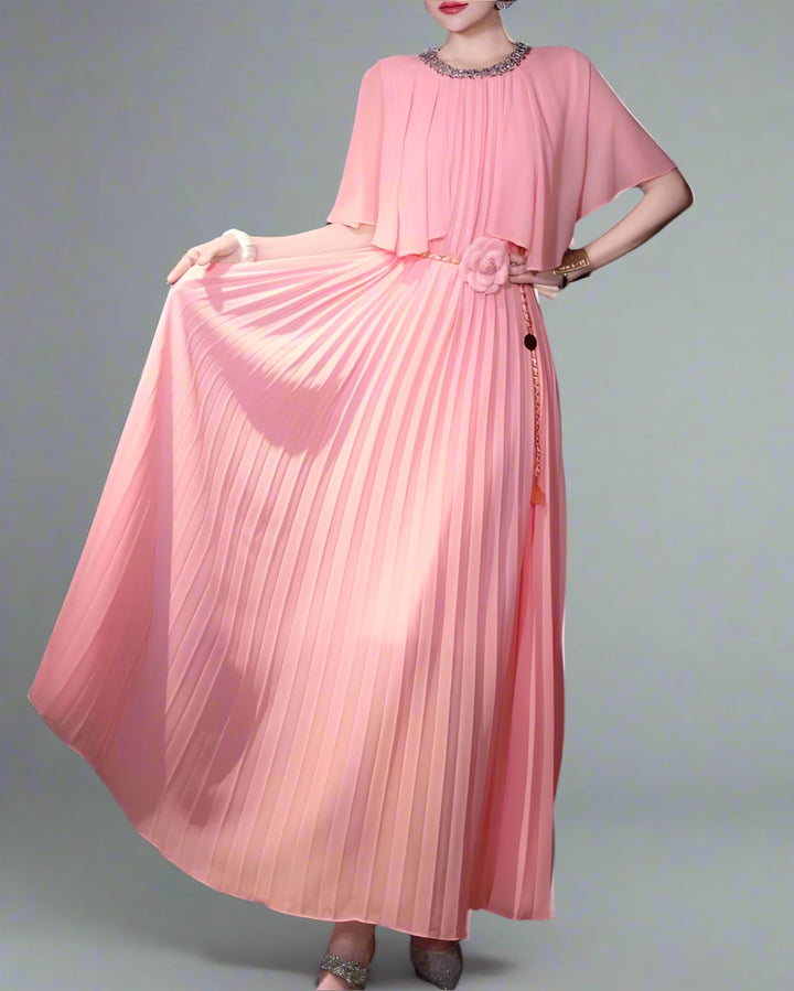 pleated cape-sleeve maxi dress with floral belt - AURORAD
