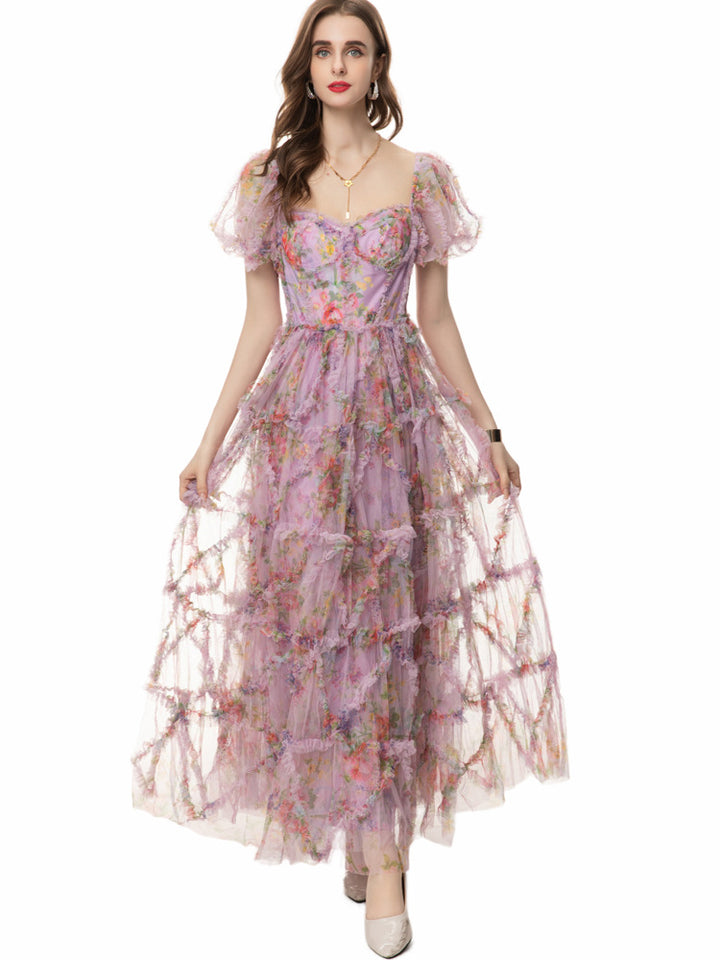 puff sleeve tiered tulle gown with floral appliqué - AUROZRA