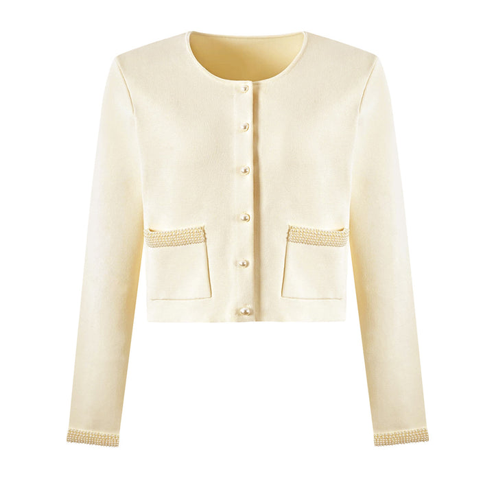 cropped tweed jacket with pearl-embellished pockets – DARAXI